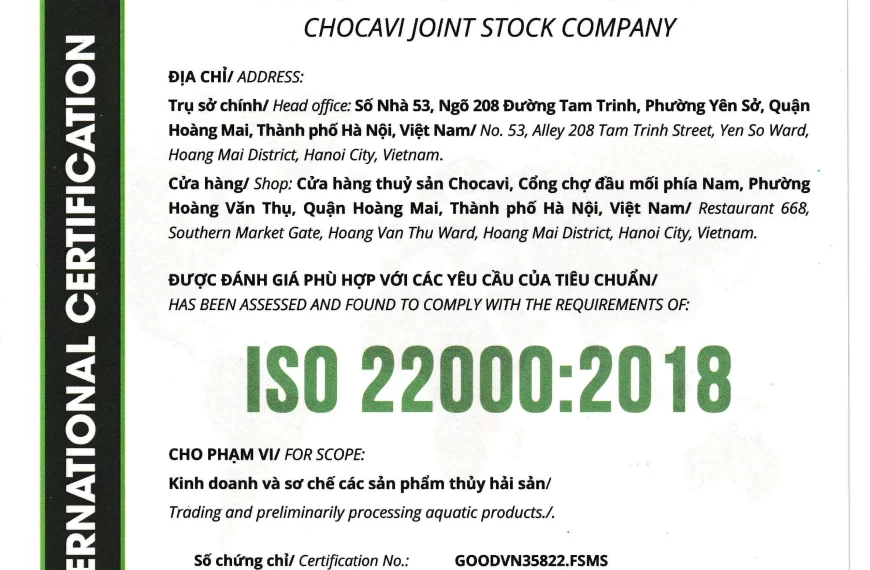 CHOCAVI : ISO 22000 Chứng nhận hệ thống quản lý an toàn thực phẩm